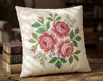 Vintage floral pillow cover, cross stitch print, shabby chic cottagecore decor, country farmhouse Victorian gift, faux suede cushion cover