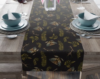 Moth & Fern Table Runner | Cottagecore Runner | Witchy Decor | Enchanted Forest | Vintage Linens | Herb | Witch | Botanical | Alter Cloth
