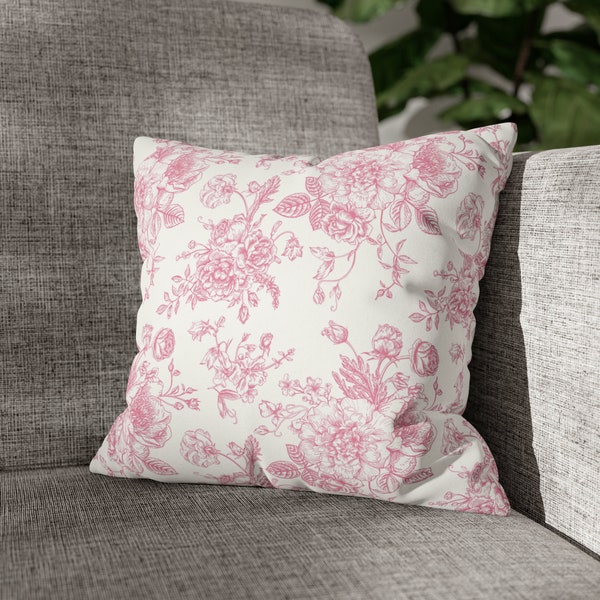 Floral Pillow Cover | Faux Suede | Cottagecore Pillow Cover | Pink Toile | Chinoiserie | Farmhouse | French Country | Victorian Pillow Cover