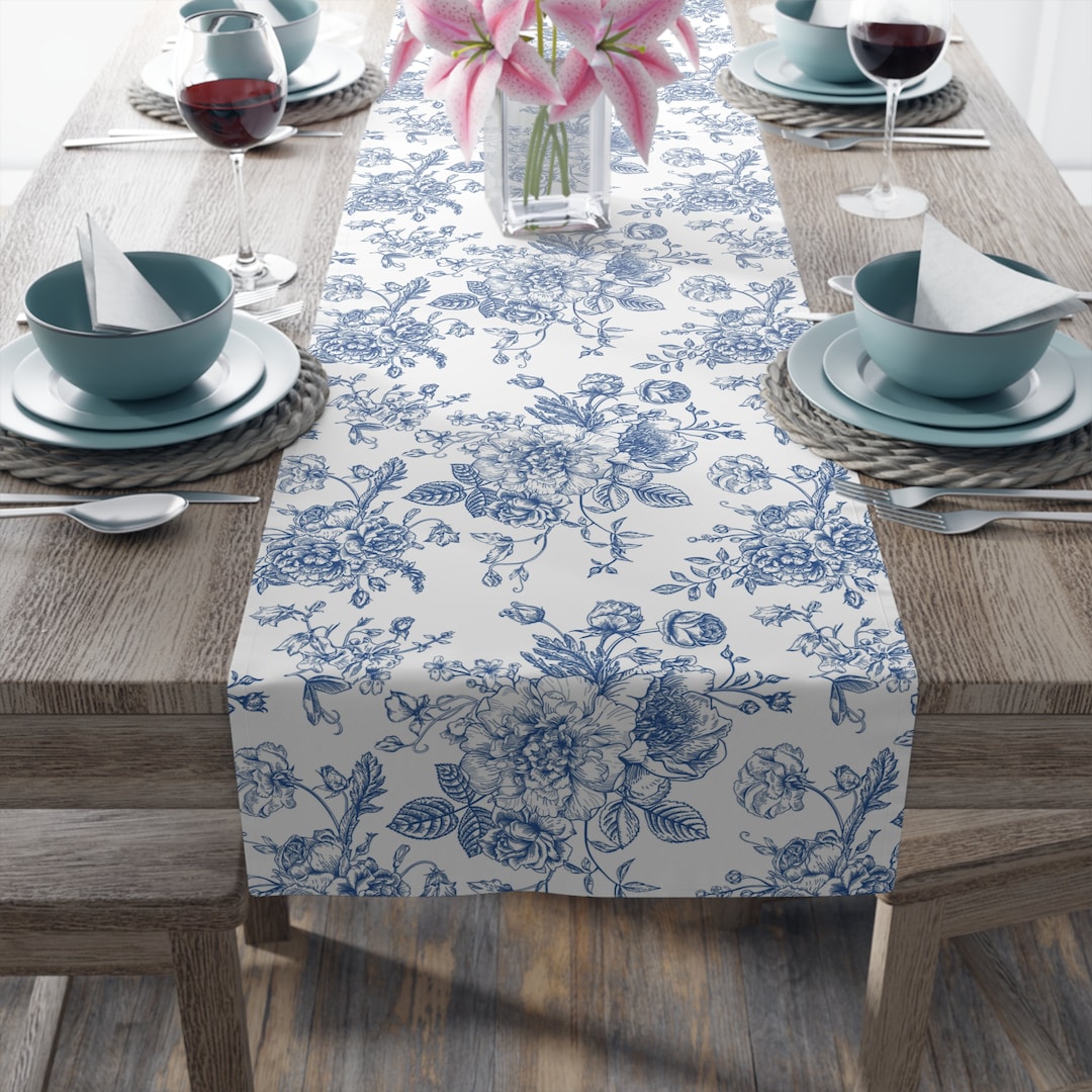 Blue Floral Table Runner Toile Table Runner Chinoiserie Decor Victorian