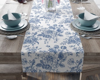 Blue Floral Table Runner | Toile Table Runner | Chinoiserie Decor | Victorian Table Decor | Rustic Farmhouse Linens | Summer Table Runner