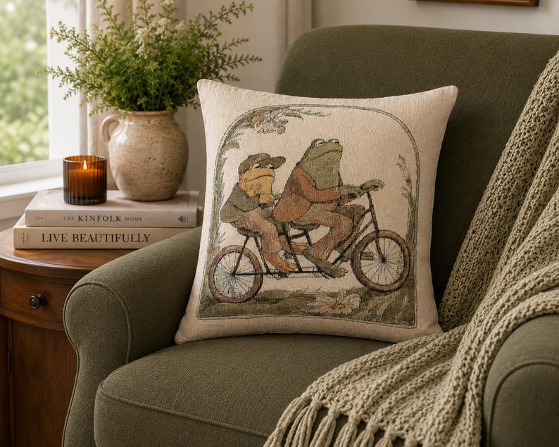 Frog and Toad Woven Pillow Cottagecore Bookish Decor Whimsical Vintage Throw Pillow Nostalgic Gift for Readers Classic Book Lover's Gift image 1