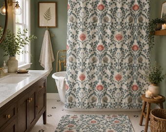 May include: A shower curtain and matching bath mat featuring a repeating botanical pattern of coral-colored flowers and sage green foliage on a cream background. The fabric curtain hangs from a gold rod, while the rectangular mat lies on the floor.