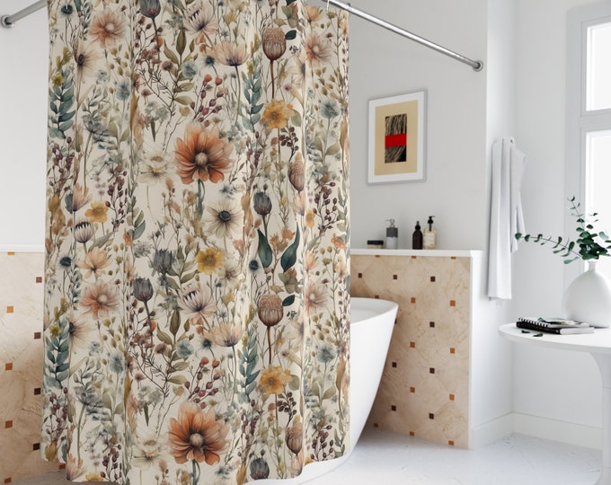 Featured listing image: Botanical Shower Curtain | Wildflowers | Cottagecore Shower Curtain | Whimsical Bath Decor | Floral Shower Curtain | Botanical Bath Decor