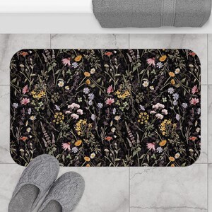 Dark Floral Bath Mat | Cottagecore Bath Mat | Farmhouse Bath Decor | Botanical Bath Mat | Boho Bath Mat | Dark Floral Decor | Wildflowers 34" × 21"