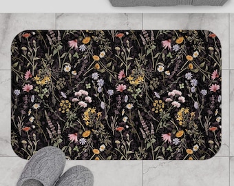 Dark Floral Bath Mat | Cottagecore Bath Mat | Farmhouse Bath Decor | Botanical Bath Mat | Boho Bath Mat | Dark Floral Decor | Wildflowers