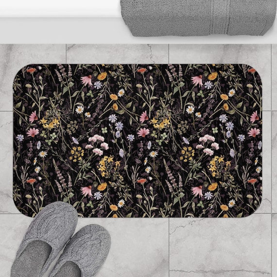 Dark Floral Bath Mat | Cottagecore Bath Mat | Farmhouse Bath Decor | Botanical Bath Mat | Boho Bath Mat | Dark Floral Decor | Wildflowers