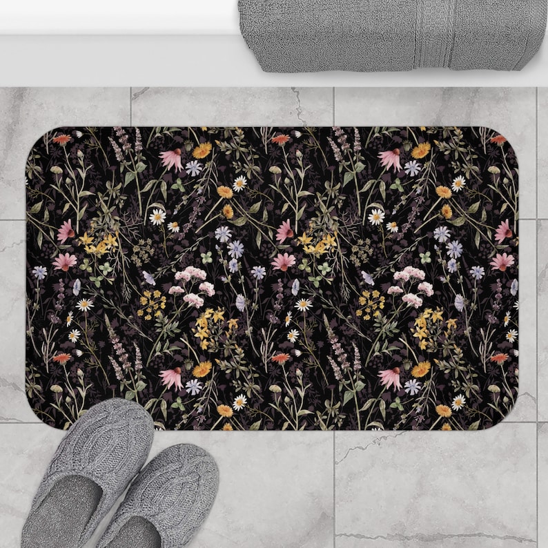 Dark Floral Bath Mat | Cottagecore Bath Mat | Farmhouse Bath Decor | Botanical Bath Mat | Boho Bath Mat | Dark Floral Decor | Wildflowers 34" × 21"
