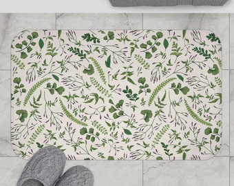 Botanical Bath Mat, Green Leafy Bathroom Decor, Farmhouse Rustic & Cottagecore Bathroom, Floral and Woodland Bathroom Rug