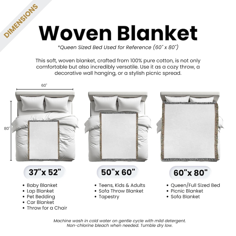 May include: A diagram showing three different sizes of woven cotton blankets. The blankets are shown on beds with the dimensions of each blanket listed below. The sizes are 37 inches by 52 inches, 50 inches by 60 inches, and 60 inches by 80 inches. The text below each blanket lists the uses for each size.