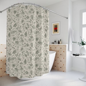 Vintage Rabbit Shower Curtain Green Toile Farmhouse Cottagecore Shower Curtain Botanical Shower Curtain Forest Floral Spring Bath Decor