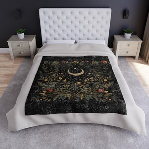 Moody Black Botanical Velvet Blanket Wildflowers Boho Cottagecore Blanket Herbs & Plants Vintage Floral Print Whimsical Home Decor Gift image 2