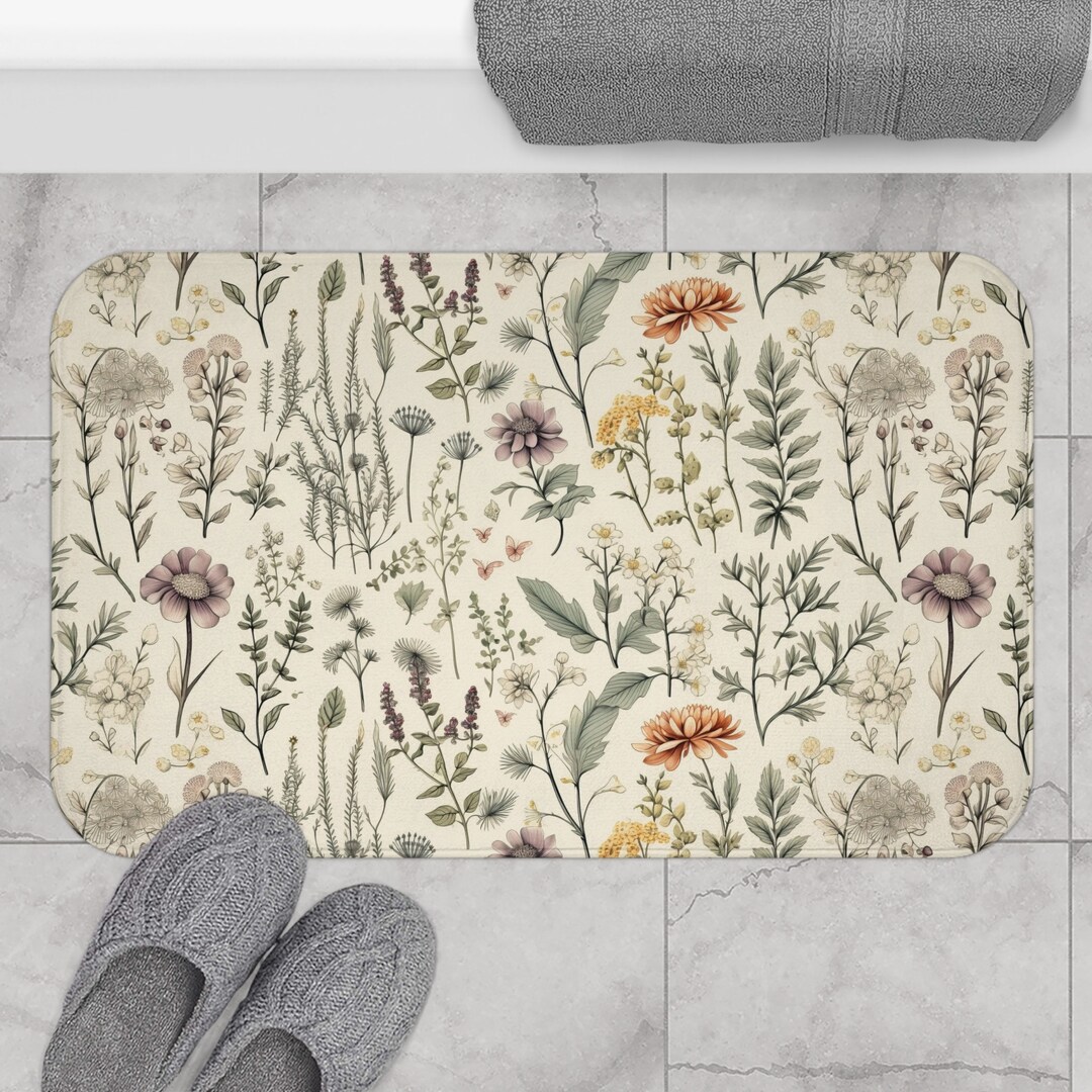 Botanical Bath Mat | Wildflowers | Cottagecore Bath Mat | Whimsical ...