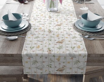 Watercolor Goose, Ducks & Reeds Table Runner, Chequered Farmhouse Linen for Spring, Holidays, Parties, and Gifts