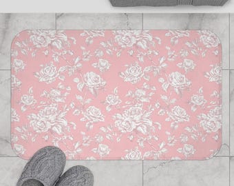 Pink Floral Bath Mat | Coquette Whimsy Bathroom Decor | Cottagecore Bath Mat | Shabby Chic Bathroom Decor | Roses | Housewarming Gift