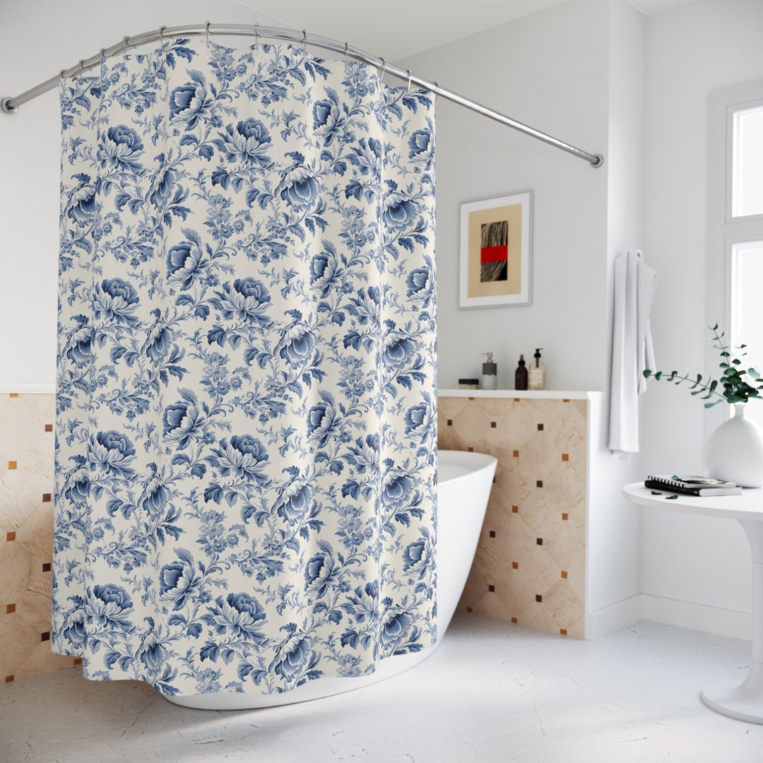 French Toile Shower Curtain Blue Floral Shower Curtain Victorian