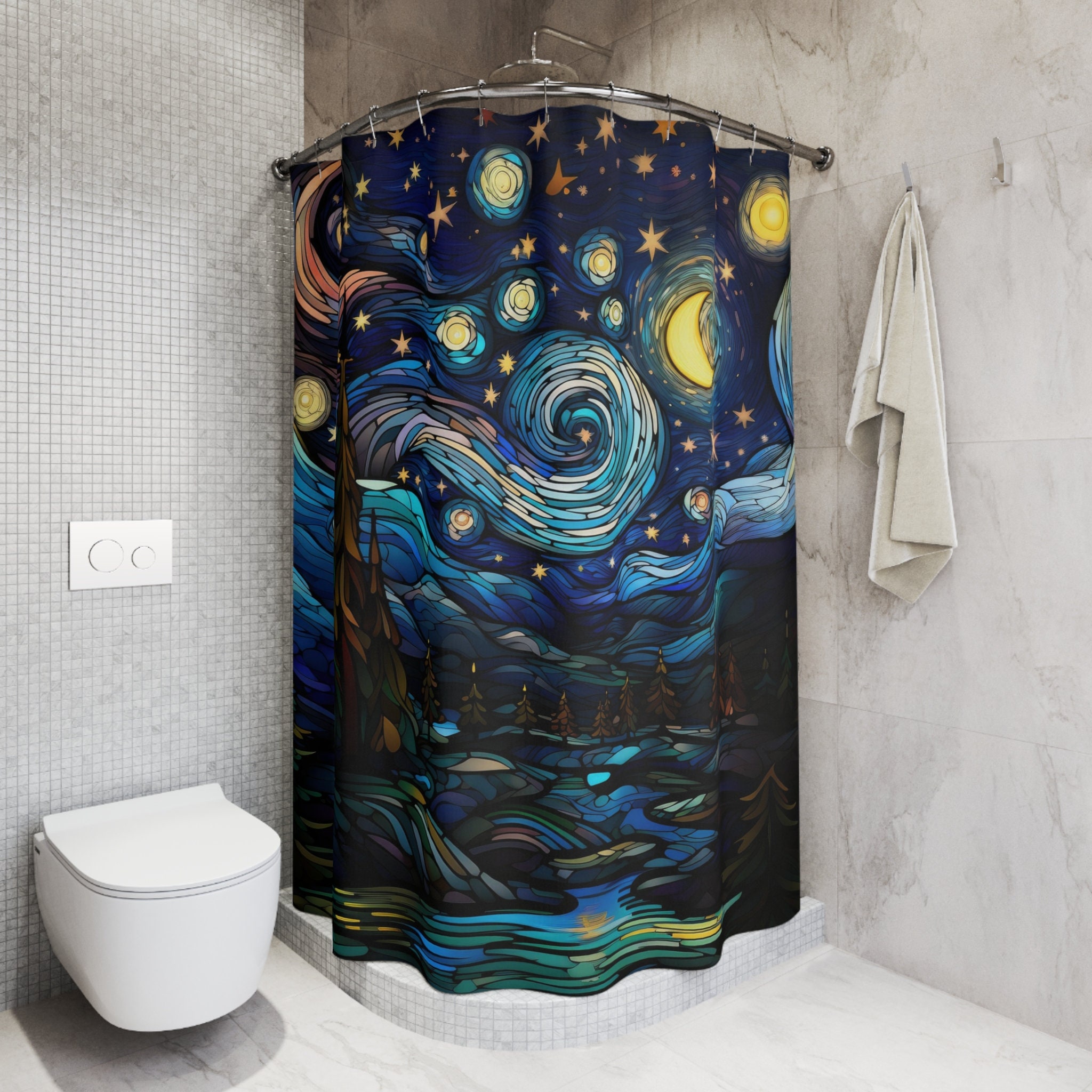 Van Gogh Cypresses Shower Curtain - Waterproof Thick Fabric, 72x72 Inches, No Liner Needed - View #3