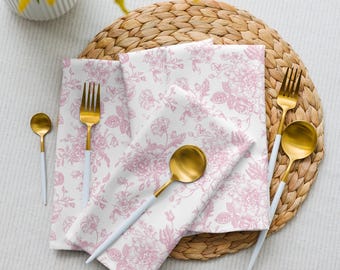 Blush Pink Toile Cloth Napkins Set of 4, Vintage Floral Linens for Weddings, Showers, Birthdays, Soft Dinner Napkins for Special Occasions