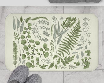 Natural Botanical Bath Mat | Vintage | Fern | Eucalyptus | Floral Bath Mat | Cottagecore Home Decor | Boho Rug | College Dorm Bathroom Decor