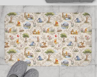 Vintage Winnie the Pooh Bath Mat, Storybook Toile Bathroom Decor, Nostalgic Gift for Pooh Lover, Bath Rug for Kid's Bath, Baby Shower Gift
