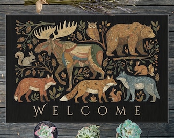 Woodland Animals Doormat | Scandinavian Entry Mat | Rustic Forest Floor Rug | Cottagecore Boho Porch Decor | Water Resistant Welcome Mat