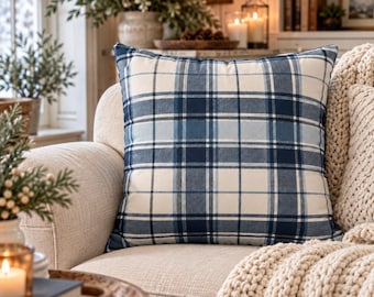 Blue Plaid Pillow Cover, Navy Blue Farmhouse Throw Pillow, Rustic Country Cottage Decor, Winter Christmas Accent Pillow, Faux Suede Cushion