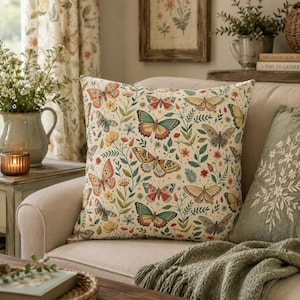 Botanical Butterfly Throw Pillow Cover | Cottagecore Pillow | Vintage Floral Decor | Boho Cushion Cover | Faux Suede Accent Pillow