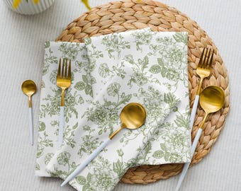 Sage Green Toile Cloth Napkins Set of 4, Vintage Floral Linens for Weddings, Showers, Birthdays, Soft Dinner Napkins for Special Occasions