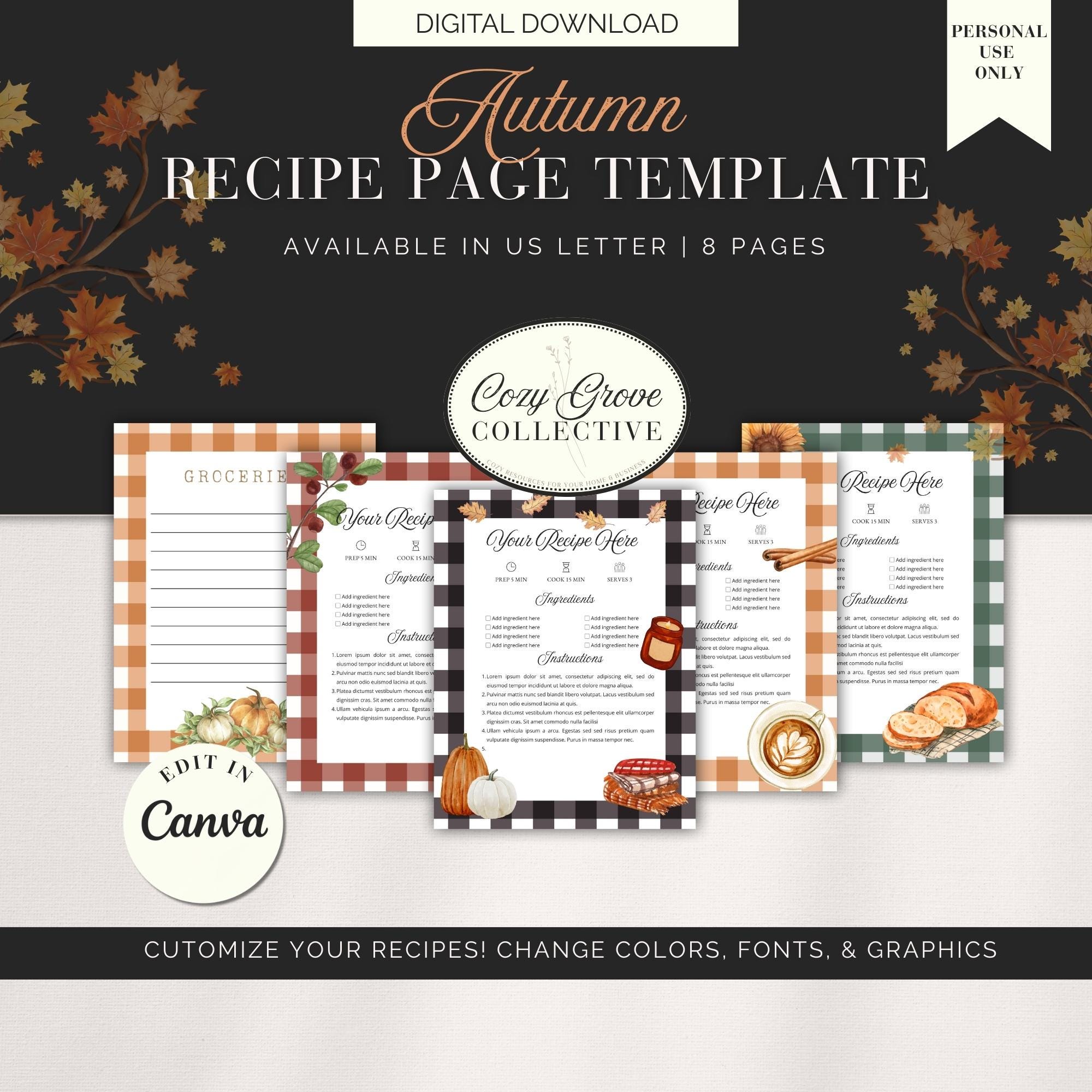 Editable Recipe Template, Fall Recipe Template, Fall Recipe Cookbook ...