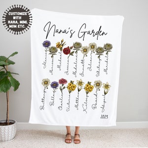 Grandma’s Garden Minky Blanket, Personalized Birth Month Flower Blanket, Mother’s Day Gift for Grandma, Blanket with Grandkid Names, Nana