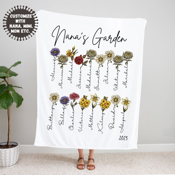 Omas Garten Minky Decke, personalisierte Geburtsmonat Blumendecke, Muttertagsgeschenk für Oma, Decke mit Enkelnamen, Nana