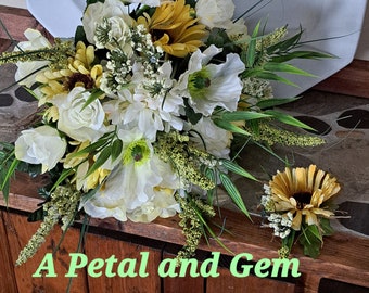 Soft yellow and ivory rustic bridal bouquet. Sunflowers, poppies, wildflowers wrapped in burlap and satin.  Boho or Barn. FREE Boutonniere!