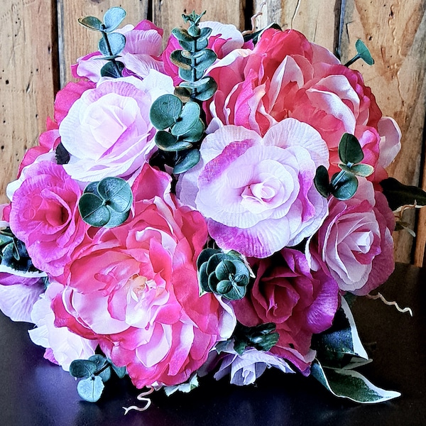 SALE Bridal bouquet of many shades of pink! Variegated roses, peonies and eucalyptus. Chic for any style wedding . FREE Grooms boutonniere.