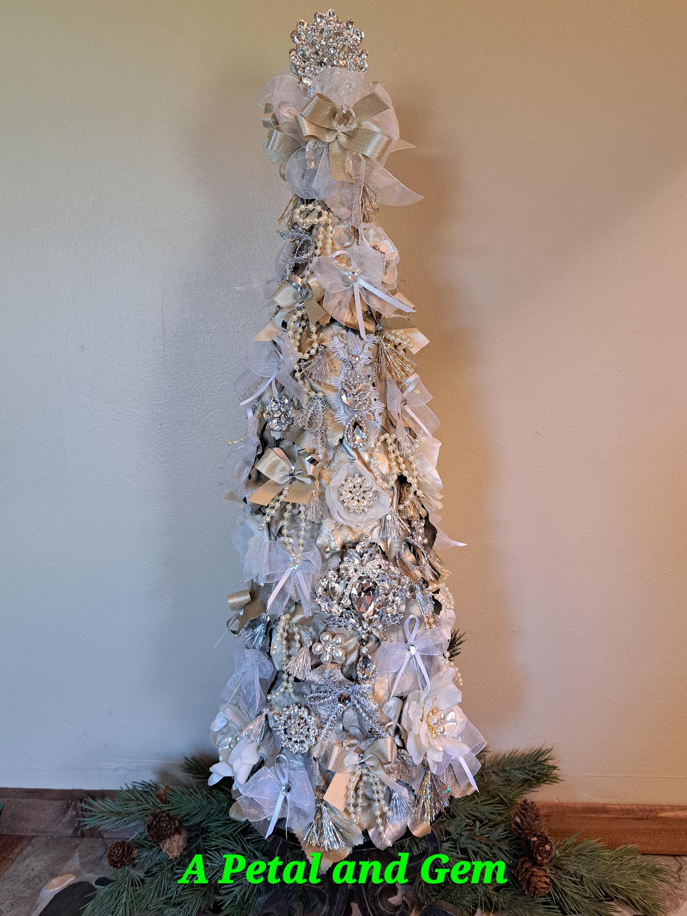 FREE SHIPPING Jeweled Tabletop Christmas Tree Champagne Gold Silver Rhinestones, pearls, crystals, bows, tassels elegant luxurious unique!
