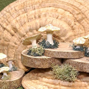 Wild forest mushrooms on stacked logs with mosses. Mustard yellow and beige speckled toadstools woodsy decor handmade FREE SHIPPING