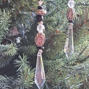 Black bead, antique style silver bead and clear Crystal icicle ornament. Christmas Halloween tree suncatcher unusual Goth