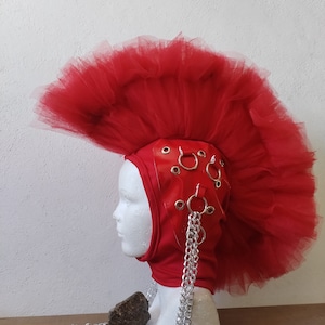 Red Mohawk facekini with tulle and vynil decor facekini with metal rings facekini with mohawk chains and tulle made 2 size (FREE SHIPPING)
