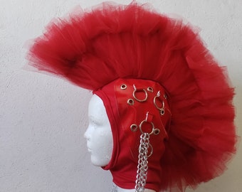 Red Mohawk facekini with tulle and vynil decor facekini with metal rings facekini with mohawk chains and tulle made 2 size (FREE SHIPPING)