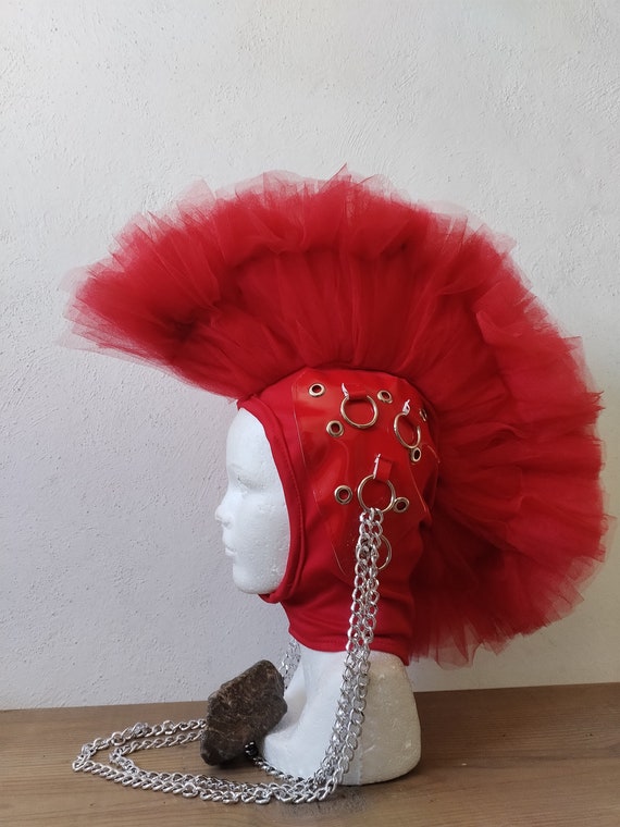 Red Mohawk Facekini With Tulle and Vynil Decor Facekini With Metal Rings  Facekini With Mohawk Chains and Tulle Made 2 Size FREE SHIPPING 