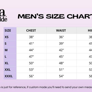 May include: A men's size chart with measurements in inches for chest, waist, and hips. The chart includes sizes XS, S, M, L, XL, XXL, and XXXL.