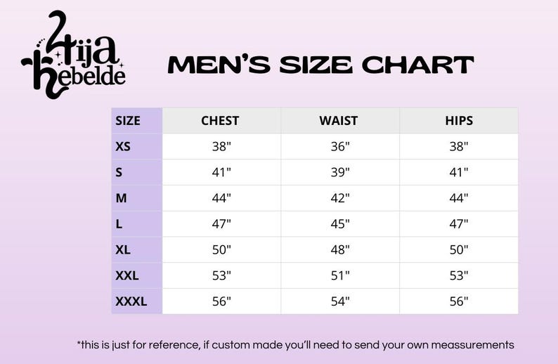 May include: A men's size chart with measurements in inches for chest, waist, and hips. The chart includes sizes XS, S, M, L, XL, XXL, and XXXL.