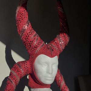 Red horned facekini with rhinestone decor headpiece with metal horns dark facekini with lace and horns and stones made 2 size(FREE SHIPPING)