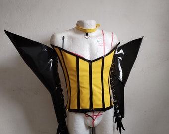 V shaped vinyl corset with pointy ends   queen bee look with matching gloves and adjustable armbands (MADE TO SIZE+ free shipping)