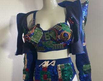 Katy inspired look of matching bra and top set made with sequins and circuits
