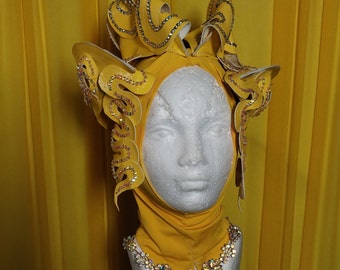 Yellow vynil sculpted wig with rhinestones for drag made 2 size with stretchy base, vynil wig headpiece vynil facekini stoned(FREE SHIPPING)