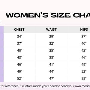 May include: Women's size chart with measurements in inches for chest, waist, and hips. Sizes include XS, S, M, L, XL, XXL, and XXXL.