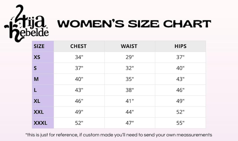 May include: Women's size chart with measurements in inches for chest, waist, and hips. Sizes include XS, S, M, L, XL, XXL, and XXXL.