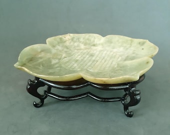 Antique Finely Carved Green Jade Lotus Dish