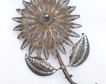 Vintage continental silver filigree Flower brooch