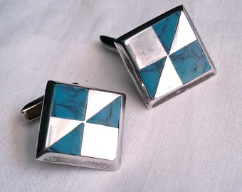 Taxco Mexico sterling silver & turquoise vintage cufflinks